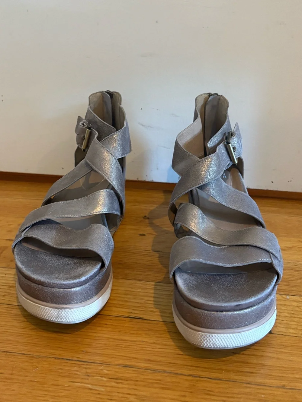 Eileen Fisher Metallic Silver Crisscross Wedge Sandals